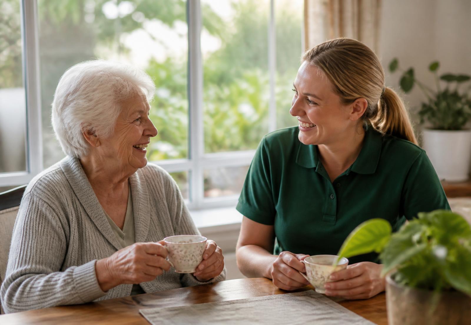 A live-in carer and an older woman sharing tea at home
